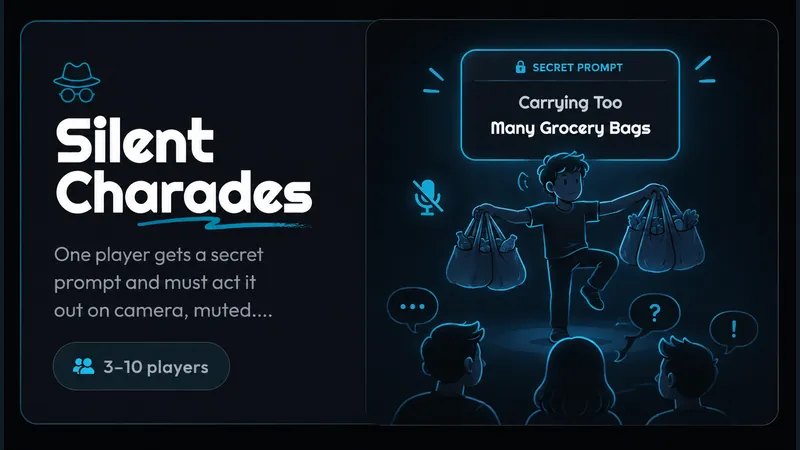 Silent Charades — One player gets a secret prompt and must act it out on camera, muted. Everyone else types guesses in chat.